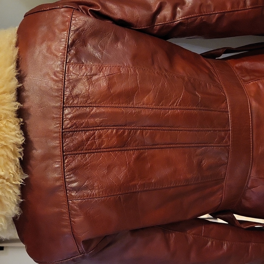 Vintage 70s Elegant Leather Women's Jacket Penny Lane Fur Collar  S  Burgundy** - Picture 9 of 16